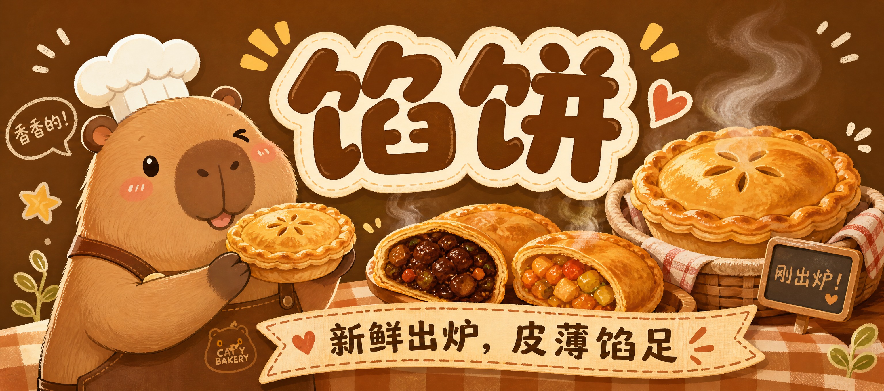 卡通风格馅饼海报，咖色底色，画面中有可爱的卡皮巴拉卡通形象，搭… - 图片创意预览