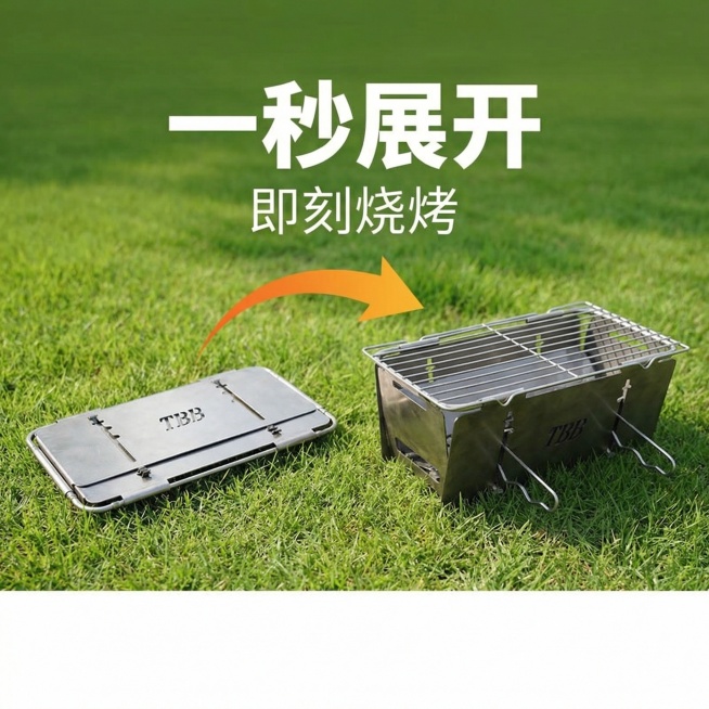 第一张图是折叠起来的烧烤炉，第二张图是打开的样式，结合这两张图做一张表达一秒打开，方便快捷烧烤宣传电商主图，背景可以是户外，简单明了预览效果