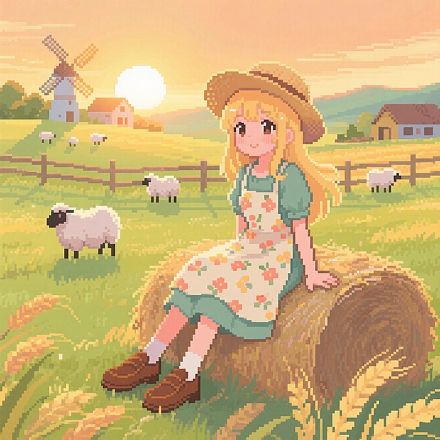 一位亚麻金长发戴草帽的女生，穿着碎花围裙和棕色小皮鞋，坐在麦田草堆上。背景是夕阳下的农场，绵羊，风车和篱笆点缀远处。色彩以暖黄、橄榄绿和淡橙为主，油画质感，温柔治愈的乡村氛围