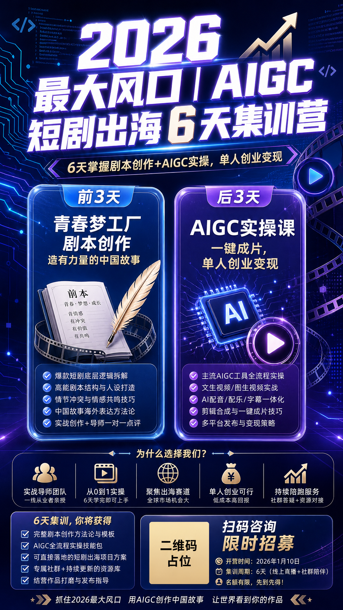 一张课程招生海报，竖版9:16，科技感深蓝紫渐变背景，主题为A… - 图片创意预览