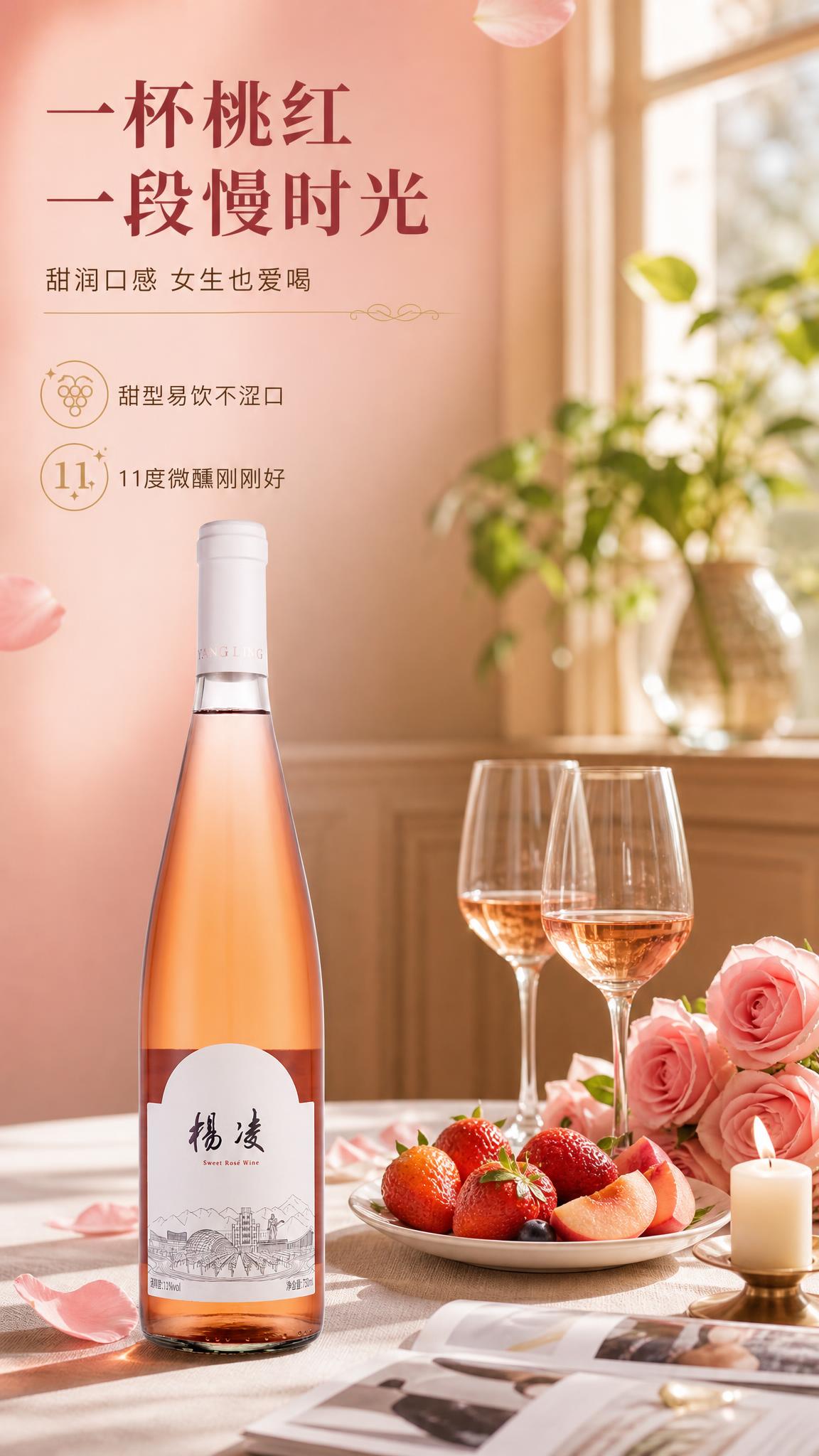 [商品] 使用【图1】杨凌甜型桃红葡萄酒；保留瓶身结构、比例、… - 图片创意预览