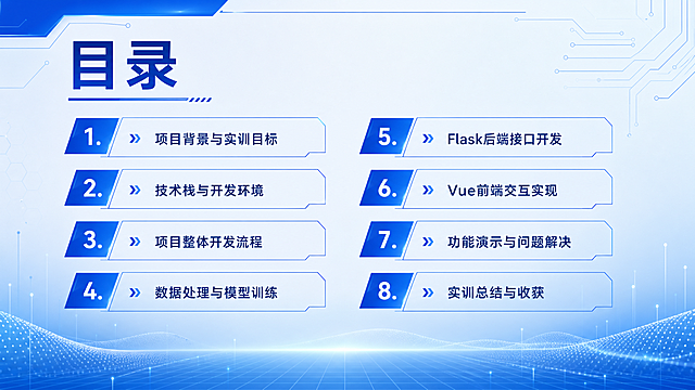 PPT目录页，标题“目录”，列出8个章节：1.项目背景与实训目标 2.技术栈与开发环境 3.项目整体开发流程 4.数据处理与模型训练 5.Flask后端接口开发 6.Vue前端交互实现 7.功能演示与问题解决 8.实训总结与收获，保持科技蓝简约学术风格，和封面风格统一