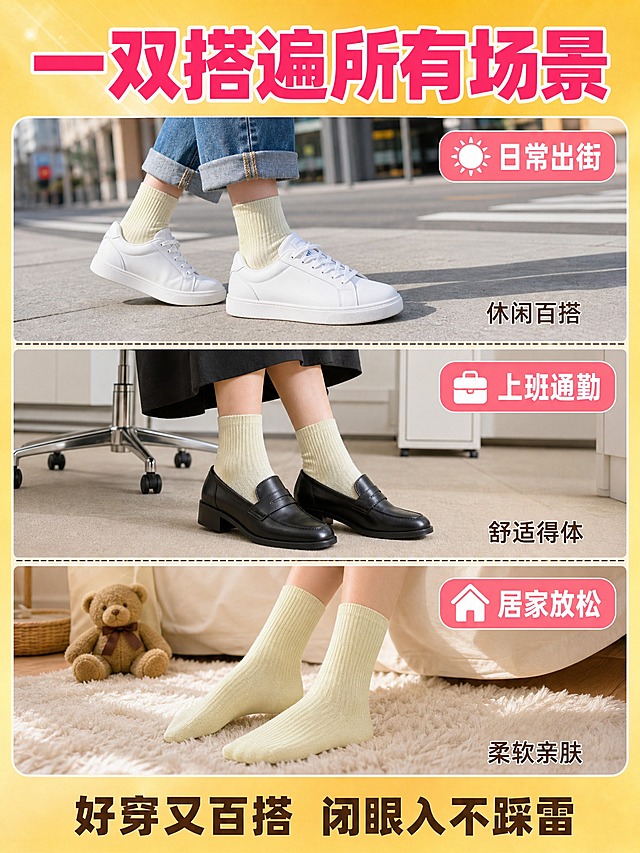 [商品] 使用【图1】花木图女士5A级抗菌消臭纯棉袜；保留浅米黄色竖条纹中筒版型、纯棉材质、颜色；商品处理：每个场景中袜子自然穿着，保持产品外观颜色纹理一致，增强穿搭真实感。
[画面] 页面目标为多场景穿搭展示，体现一双袜子多种场合都好穿。三栏竖排构图，从上到下三个场景区块：第一区块"日常休闲"——搭配小白鞋+牛仔裤，脚部特写，背景为街头休闲场景；第二区块"通勤上班"——搭配小皮鞋+半身裙，脚部特写，背景为办公室简约场景；第三区块"居家舒适"——光脚穿袜子踩在地毯上，背景为温馨卧室场景。每个区块只露出小腿和脚部，袜子都是浅米黄色竖条纹款。三个区块用柔和的分隔线区分。
[视觉] 套系策略：风格=拼多多大字报风格 直白高性价比；标题字=粗黑体 厚重有力；正文字=常规黑体 清晰易读；主色=暖金黄色；背景延展=基于暖金黄做深浅渐变 同色系层次 柔和光晕质感；强调色=粉红色（女性穿搭页用）；标题色=玫红色；正文色=深棕色；组件=场景分隔线 场景名称标签 小图标；光影=每个场景统一柔和自然光 袜子颜色一致 整体和谐。
[文字] 画面顶部大标题"一双搭遍所有场景"，玫红色粗黑体，字号最大。每个场景区块右上角有场景名称标签，分别是"日常出街"、"上班通勤"、"居家放松"，粉红底白字。每个区块下方有一句短描述，如"休闲百搭"、"舒适得体"、"柔软亲肤"。底部一行"好穿又百搭 闭眼入不踩雷"，深棕色字。
[规格] 图片比例3:4竖版，4K，避免变形、错字、文字过小、脚部畸形、产品颜色不一致、水印、平台Logo。