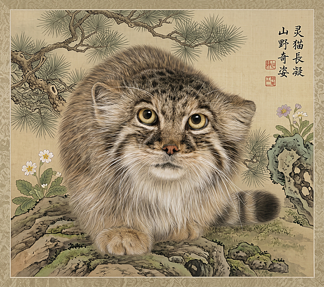 将图中的兔狲转换为工笔画风格