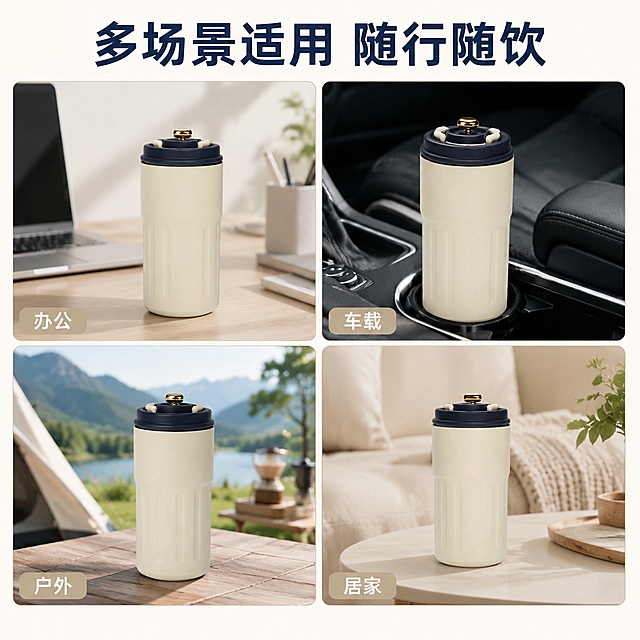 [主图-4] 保温杯多场景使用卖点主图，展示产品适配多种日常场景。
[氛围风格] 生活化真实场景拼贴，传递实用百搭属性；
[画质] 商业摄影质感，光线统一柔和，产品清晰真实，画面干净高级。
[元素] 采用四宫格场景展示，四个场景分别为：办公室桌面、车载杯架、户外出行、居家茶几。每个宫格都放入米白色保温杯，保持产品大小比例适配场景，保持产品外观、颜色、结构与输入图绝对一致，宫格间距均匀留白。背景整体为浅奶白色，四宫格外框极细浅灰色，整体干净不拥挤。商品整体占画面约75%，构图均衡。
[光影] 每个场景都使用自然柔和光源，整体光影方向统一，产品在每个场景中都保持清晰质感，无明暗对比突兀。
[配色] 每个场景保持原本自然色调，产品米白深蓝在各场景中都突出清晰，整体色调和谐统一，偏浅色系温馨风格。
[视角构图] 四宫格等分构图，每个场景视角适配场景特点，产品在每个宫格中完整展示不裁切。
[文字版式] 顶部通栏主标题“多场景适用 随行随饮”，深蓝色粗体大字号；每个宫格左下角添加浅色小标签标注场景名称：“办公”“车载”“户外”“居家”，标签文字白色清晰，不遮挡产品主体。
[比例分辨率] 1:1比例，2k分辨率，文字清晰锐利，超高清。
[负向提示词] 变形，文字错乱，产品图模糊，背景杂乱，水印，电商平台Logo