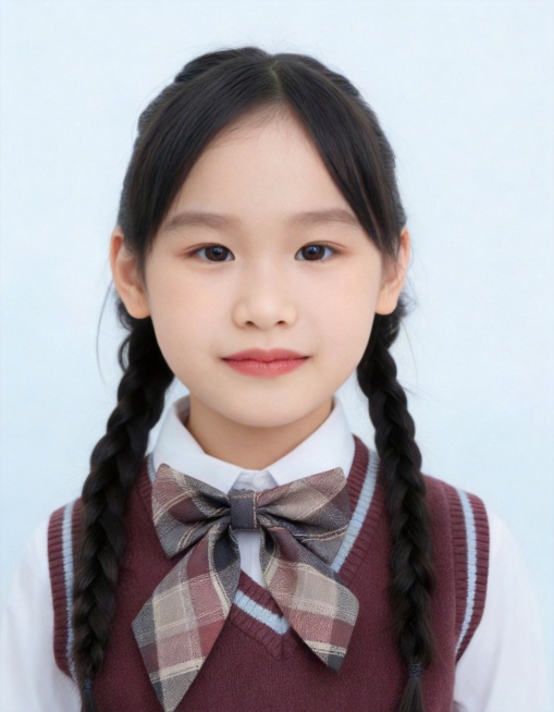 保留第一张图中人物发型、脸型、年龄特征生成标准样式纯正面儿童证件照;人物主体严格居中,头部大小与位置严格对齐第二张图,双肩水平平衡,面部中轴线对齐画面中心,正视前方;标准儿童证件照构图,人物绝对居中,预览效果