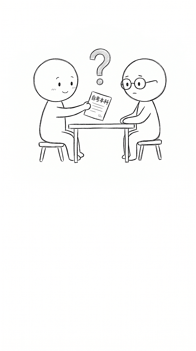 手绘涂鸦风格，极简简笔画，黑白线稿，随意铅笔线条，温馨日记漫画风格，干净白色背景，大量留白，纯线条艺术。画面中两个火柴人对坐，中间隔着一张桌子，一只手递出写有手写文字"自考本科"的简历给对面戴眼镜的火柴人HR，简历上方有一个大大的铅笔绘制的问号，整体保持参考图的可爱火柴人线条质感，纯白底大留白，无多余色彩