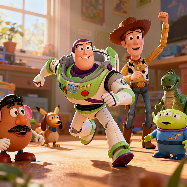 皮克斯风格动画电影场景，柔和温暖的光影，色彩丰富饱满，卡通3D角色，细腻的质感，充满童趣和想象力的画面