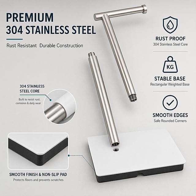 Material and construction detail infographic for 304 stainless steel freestanding toilet paper holder. Light gray minimalist studio background. Main visual: close-up angled view of the disassembled pole sections showing brushed 304 stainless steel material underneath the white matte coating, threaded connection joints visible. Product structure must match input image: T-shaped top piece, two pole sections with screw threads, rectangular base with black pad. Left side has bold English title "PREMIUM 304 STAINLESS STEEL" with smaller text "Rust Resistant  Durable Construction". Right side has 3 vertical icon-feature pairs: 1) shield icon with "RUST PROOF" and "304 Stainless Steel Core", 2) weight icon with "STABLE BASE" and "Rectangular Weighted Base", 3) checkmark icon with "SMOOTH EDGES" and "Safe Rounded Corners". Bottom has magnified inset of the base edge showing smooth finish and black non-slip pad. Soft directional studio lighting from upper left, clean metal highlights, subtle shadows. Cool gray and white color scheme with dark teal text accents. 1:1 ratio, ultra high definition, professional product infographic, all English text clear and readable. Negative: Chinese characters, deformed parts, blurry texture, watermark, platform logo