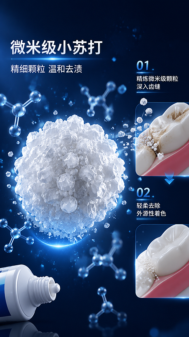 [第2屏] 核心卖点-微米级小苏打机理示意。本屏为成分机理专屏，文生图模式。
[氛围/风格] 科技专业感，微观分子视角，干净科研风，商业3D渲染质感。
[元素布局] 画面中央为放大的微米级小苏打白色颗粒晶体，占画面主视觉约50%，颗粒细腻有光泽；周围环绕更小的分子结构球棍模型，淡蓝色半透明；右侧展示牙齿表面横截面示意，色素沉积层被小苏打颗粒轻柔剥离的动态过程；底部点缀少量牙膏管局部剪影；背景为深蓝色渐变科技感背景，有微光粒子漂浮。
[光影质感] 中心聚光照明，颗粒晶体有通透折射光，分子结构发微光，整体明暗层次分明，科技感强。
[配色色系] 全局底色 #0A2463 深蓝渐变；主色白色颗粒、淡蓝分子；辅助色亮蓝高光、牙釉质米白。
[视角构图] 平视微观视角，阅读动线从左侧标题 → 中央小苏打颗粒 → 右侧牙齿机理示意。
[文字版式] 版式为左侧标题 + 中央机理主视觉 + 右侧编号说明。主标题「微米级小苏打」，副标题「精细颗粒 温和去渍」；右侧两条编号卖点：「01 精炼微米级颗粒 深入齿缝」「02 轻柔去除外源性着色」；文字清晰可读，不遮挡核心机理画面。
[比例分辨率] 9:16 竖版比例，4K 分辨率，文字清晰可辨，高清画质。
[负向提示词] 变形，水印，文字错乱，文字过小，医疗化表述，牙齿病变图，夸张对比。