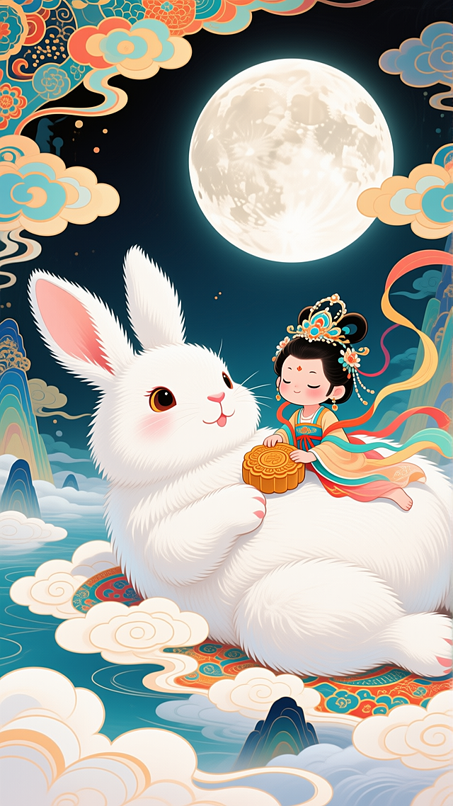 巨大的白色的毛绒绒的兔子仰躺着露着肚皮，一个嫦娥装扮的Q版小女孩躺在兔子肚子上手里拿着月饼，精美的头饰，背景有个超级大月亮，适当留白，轻浮于云海之上