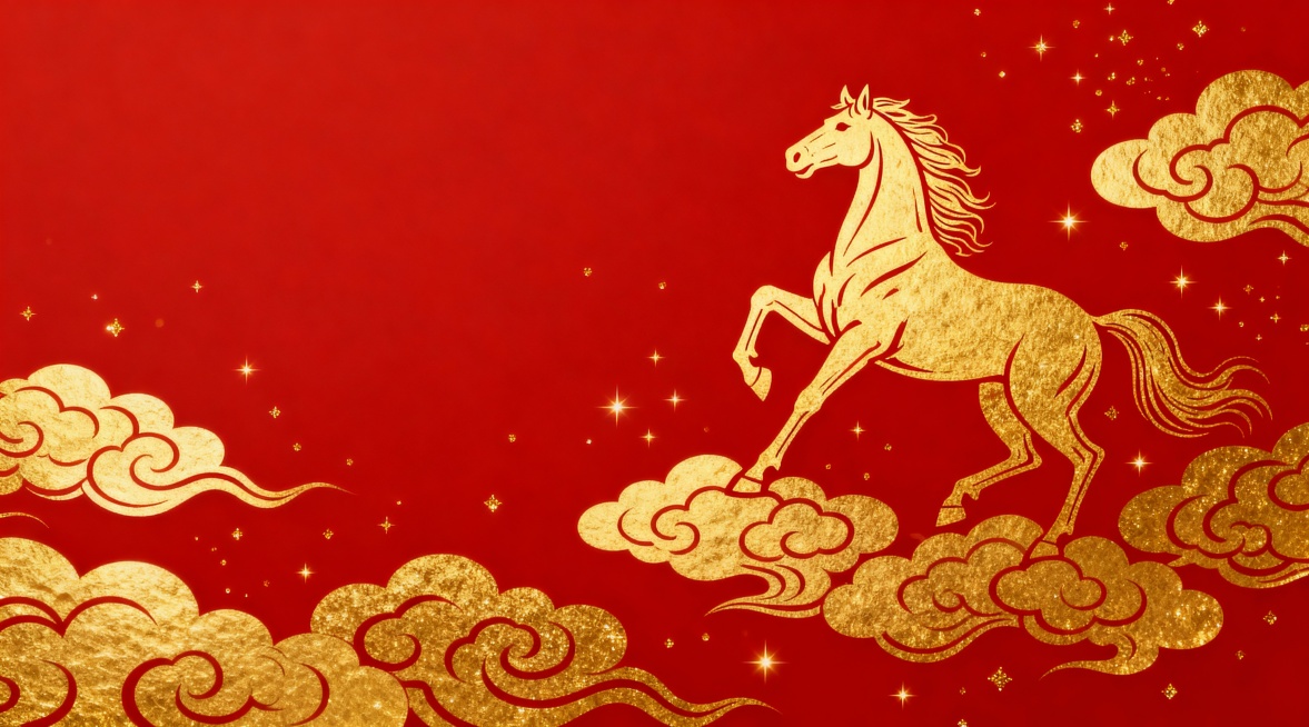 适合马年公司年会的ppt背景图，要求：红底金色骏马和祥云，不要文字，骏马占居位置不要超过三分之一；整体色彩喜庆但不俗气，华丽能够让人惊艳但不要花里胡哨预览效果