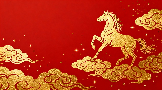适合马年公司年会的ppt背景图，要求：红底金色骏马和祥云，不要文字，骏马占居位置不要超过三分之一；整体色彩喜庆但不俗气，华丽能够让人惊艳但不要花里胡哨