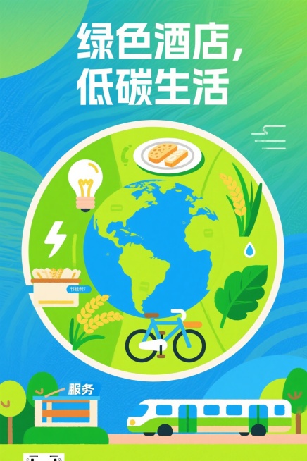 酒店绿色环保主题海报，插画风格，画面中心是地球图案，周围环绕着节约能源（灯泡图标）、节约粮食（餐盘与稻穗）、绿色出行（自行车与公共交通）、绿色服务（树叶与水滴）的元素，整体色调以绿色为主，搭配蓝色点缀预览效果