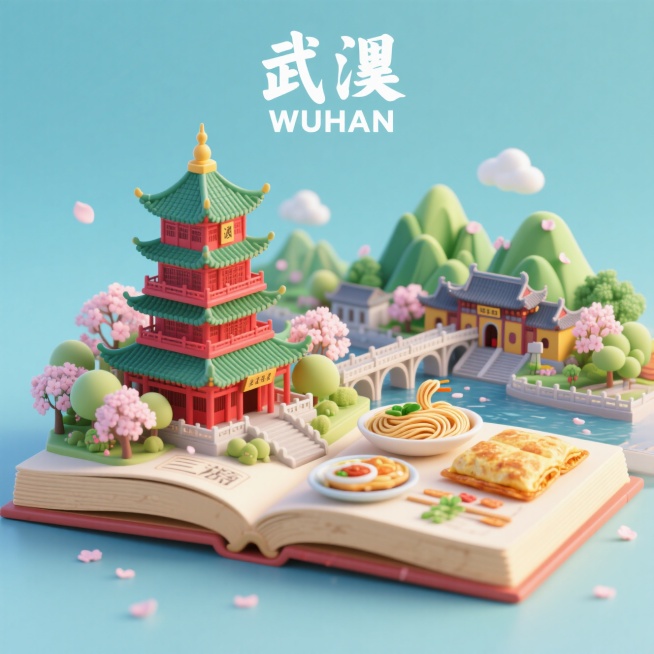 一个书本，里面是城市微缩景观，有武汉黄鹤楼、、木兰山、樱花，武汉大学，归元寺，长江大桥，加一点热干面，三鲜豆皮，等美食，画布上方印有中文“武汉”和英文"WUHAN",整体画面生动，色调温暖，充满活力和预览效果