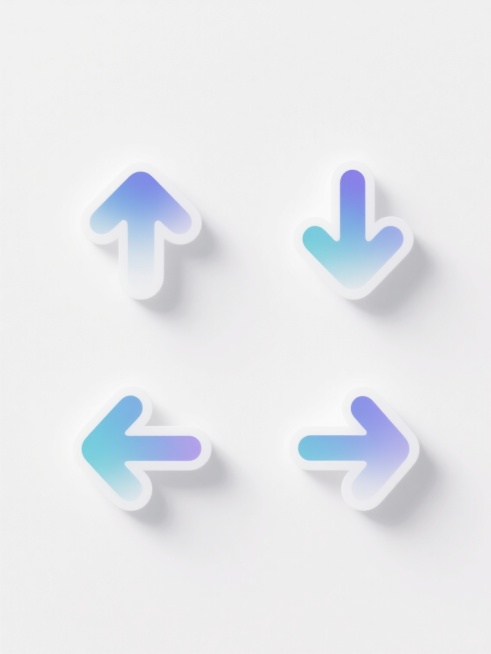 白色背景上，四个规整排布的图标组成系列素材集合，每个图标均采用相同的现代简约设计风格，具有平滑的曲线轮廓和从饱和色彩到白色的柔和渐变过渡效果，元素类目保持一致但内容完全不同，分别为向上箭头、向下箭头、向左箭头和向右箭头，每个箭头图标都具有流畅的线条、均匀的渐变色彩和简洁的视觉表现，整体呈现出清晰、统一且具有设计感的视觉效果。预览效果