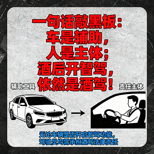 清晰的普法警示示意图，突出展示核心标语："一句话敲黑板：车是辅助，人是主体；酒后开智驾，依然是酒驾！"，逻辑清晰排版直观，突出责任主体关系