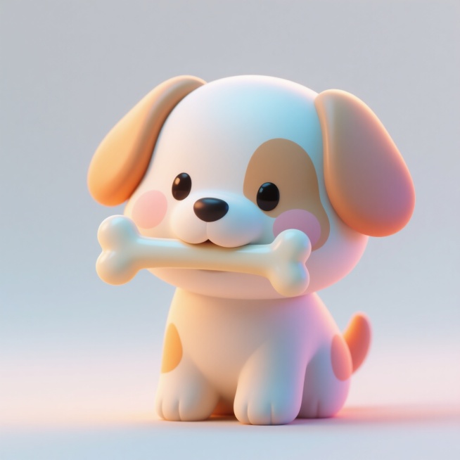 一只可爱的卡通小狗，嘴里叼着一根骨头，整体采用柔和的3D立体风格，圆润的造型和光滑的曲面，色彩鲜明且丰富，以明亮活泼的色调为主，光影柔和过渡，呈现出温馨治愈的氛围，背景简洁干净，突出主体，充满童趣和可爱感。预览效果