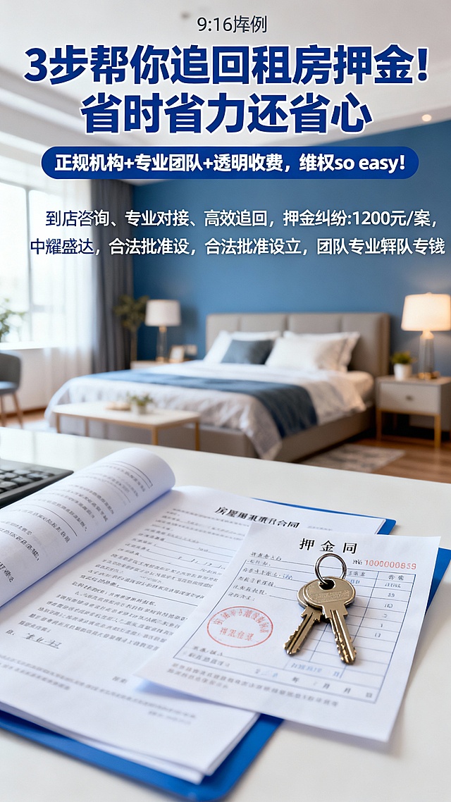 主标题：3步帮你追回租房押金！省时省力还省心
副标题：正规机构+专业团队+透明收费，维权so easy！
正文：
到店咨询、专业对接、高效追回
押金纠纷:1200元/案
中耀盛达，合法批准设立，团队专业有保障，收费公开合理，让你维权不花冤枉钱！
根据以上信息，设计一张9：16的海报，要求画面体现租房押金场景