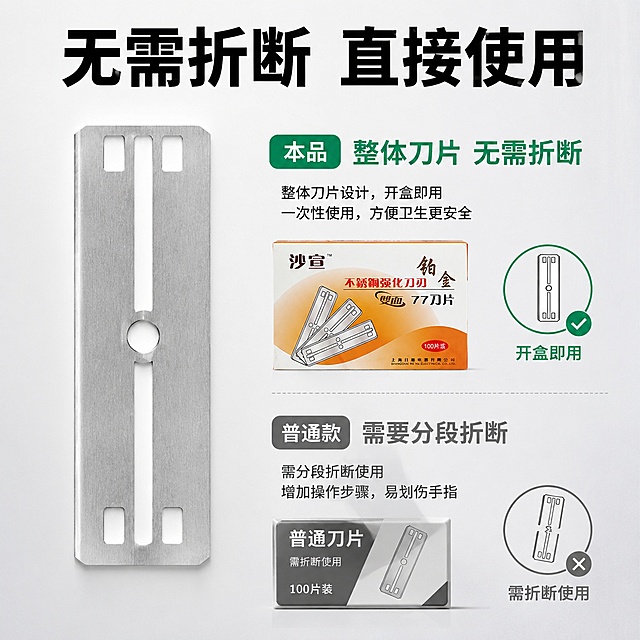 [主图-2] 核心卖点展示，讲解刀片无需折断的设计优势。
[氛围风格] 专业五金器械技术说明风格。
[画质] 商业摄影质感、光线柔和通透、产品清晰真实、画面干净高级。保持沙宣刀片产品外观与输入产品图绝对一致，杜绝任何变形和色差，精细化处理。画面满屏无边框。
[元素] 采用左右分栏版式，左侧是产品刀片大图展示，单枚刀片垂直居中放置，放大展示整体结构。右侧用标注对比说明，上方标注本品"整体刀片 无需折断"，下方标注普通刀片"需要分段折断"，分别配示意图。
[光影] 均匀明亮工作台光线，金属刀片边缘高光清晰，结构细节一目了然。
[配色] 浅灰色工作台背景，本品标注用深绿色，普通款标注用灰色，对比清晰。
[视角构图] 左侧刀片平视特写，右侧文字标注排版整齐，信息层级分明。
[文字版式] 顶部通栏放置大标题"无需折断 直接使用"，黑色粗体。右侧分上下两个对比区块，每个区块标题大字加粗，说明小字辅助，对比清晰，不遮挡主体。
[比例分辨率] 1:1 比例，2048x2048 分辨率，文字清晰可辨，超高清。
[负向提示词] 变形，文字错乱，产品图模糊，背景杂乱，水印，电商平台Logo。