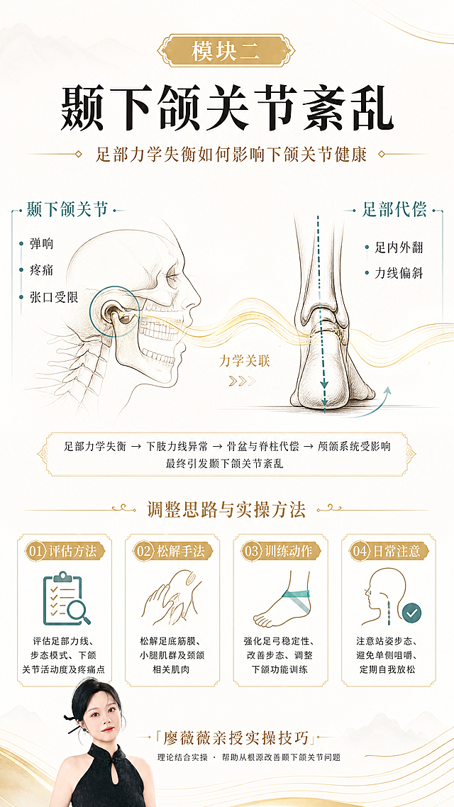 [第5屏] 详情页模块详解②-足对颞下颌关节的影响及调整思路。本屏使用【图1】作为讲师形象小图。
[氛围/风格] 新中式专业教学风，医学科普质感，知识点清晰有条理。
[元素布局] 画面上半部分为模块标题，中间为颞下颌关节与足部关联的解剖示意图，下半部分为调整方法分点展示；左侧颞下颌关节侧面线描图，右侧足部力线示意图，中间用金色流动线条连接表示力学关联；底部有廖薇薇老师小形象点缀；背景米白色配淡金色装饰线条。
[光影质感] 均匀柔光，医学插画质感，线条清晰锐利，整体明亮专业。
[配色色系] 全局底色 #F8F5F0 米白色；主色 #1A1A1A 墨黑；辅助色 #C9A962 暗金；医学图示色 #7BA3A8 灰青色点缀。
[视角构图] 上中下三段式构图，中间图示为视觉重心，上下文字区对称平衡。
[文字版式] 顶部金色标签「模块二」+大标题「颞下颌关节紊乱」；副标题「足部力学失衡如何影响下颌关节健康」；中间图示区左右各有标注：左侧「颞下颌关节」弹响/疼痛/张口受限，右侧「足部代偿」足内外翻/力线偏斜；下方四个调整要点横向排列成卡片：「评估方法」「松解手法」「训练动作」「日常注意」每个配图标+简短说明；底部讲师小形象旁标注「廖薇薇亲授实操技巧」。
[比例分辨率] 9:16 竖版比例，4K分辨率，文字清晰可辨，高清画质。
[负向提示词] 文字错乱，图示模糊，人物变形，水印，颜色偏差，信息拥挤。