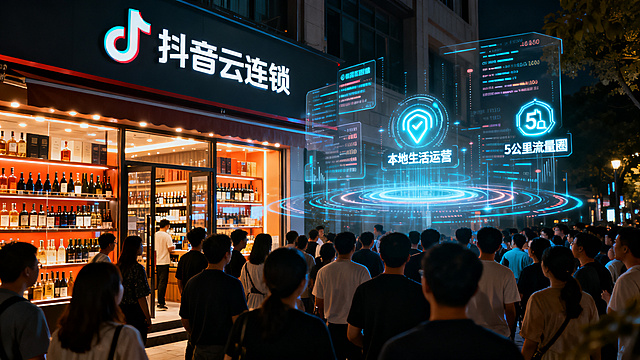 门店引流·爆满人气风
这个风格更直接地展现“解决客源问题”的成果，视觉冲击力强，能快速抓住门店商家的眼球。

AI绘图提示词：

一个虚实结合的店门口场景，一家灯火通明的酒类精品店门前人头攒动，熙熙攘攘，呈现出生意火爆的氛围。在人群上方，浮现出半透明的数字全息特效，如“抖音云连锁”、“本地生活运营”、“5公里流量圈”等发光图标和动态数据流，直观展示线上流量如何转化为线下客源。画面充满活力和希望，写实与科技感融合，摄影灯光效果，高清晰度，构图比例为375:211的宽屏横幅。

设计要点：

核心元素：火爆的门店人流、虚拟数字特效、流量转化象征。

色彩氛围：暖色灯光（店内）+ 冷色科技光效（图标），形成对比。

构图：左侧或中心为实景门店，右侧或上方为虚拟特效和信息流。