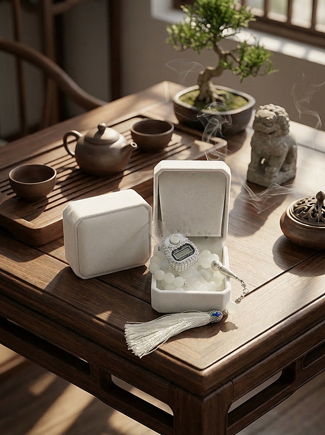 严格保留原图白色产品的所有细节：双盒子、珠子、计数器和流苏的样式、位置完全不变，仅替换背景为雅致的中式禅意木茶台场景，保留自然烟雾和阳光光影，让产品和场景自然融合，不改变产品本身