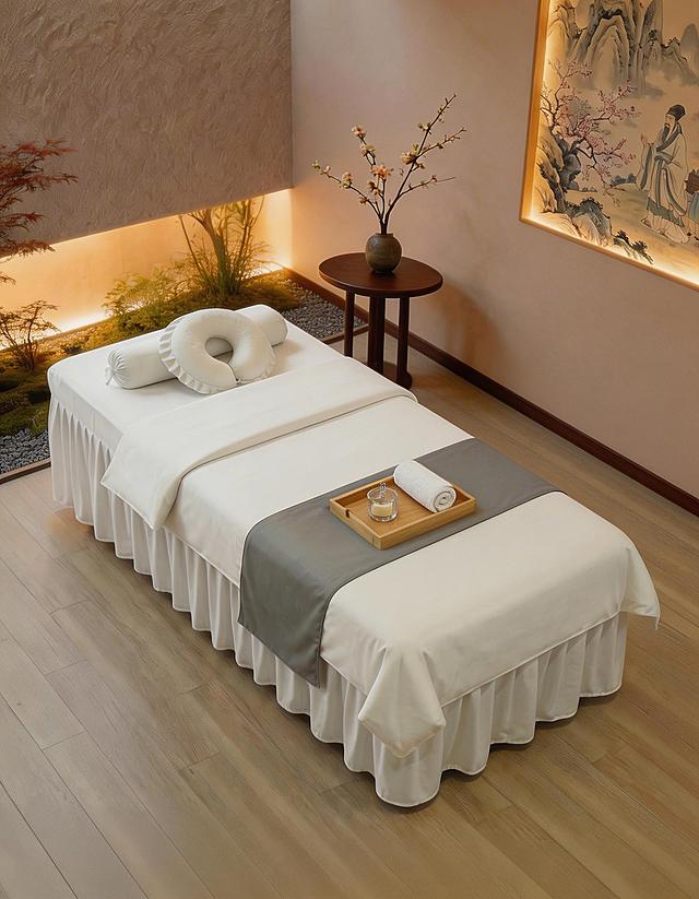不改变床品整体及细节，更换为45度斜角中景拍摄角度，保留原场景其他元素不变