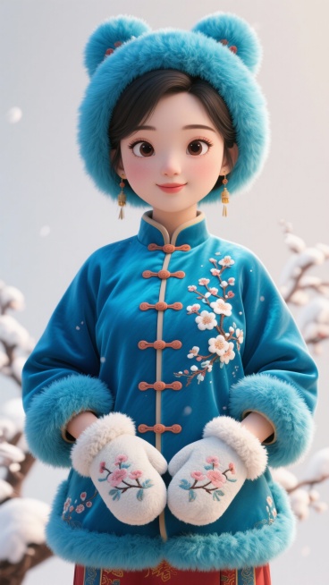穿着传统中国深宝蓝色丝绵袄的古装美女，棉袄带有精美的手工盘扣，上面放着一对独立的绣花抓绒暖手袖套，图案是雪中梅花。丝绸、棉絮和抓绒的纹理细节，怀旧，精致，中式时尚。整体软3D毛绒风。预览效果