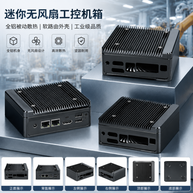 迷你无风扇工控机箱全铝被动散热软路由外壳，完整全景展示产品，多角度摆放，工厂科技风背景，突出工业质感，适配爱采购平台详情页展示预览效果