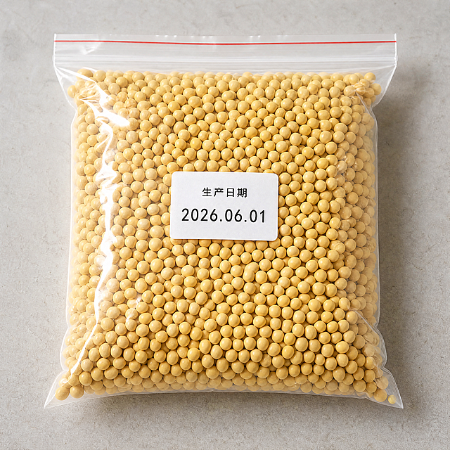 超写实食品摄影。
主体：透明自封袋装满嫩江黄豆，袋子上贴一张打印的生产日期标签，标签写着"2026.06.01"，黄豆透过袋子清晰可见，袋子完整平整，占画面主体。
构图：45度俯拍，主体居中。
风格：温馨生活化，国内电商种草氛围。
场景：干净浅灰色桌面背景。
配色/材质：透明/淡黄色/白色；PE塑料/黄豆/纸张。
光影：主光为明亮平光，清晰展示袋子和黄豆细节，整体暖调，无明显硬阴影。
严格锁定宽高比为 1:1。
