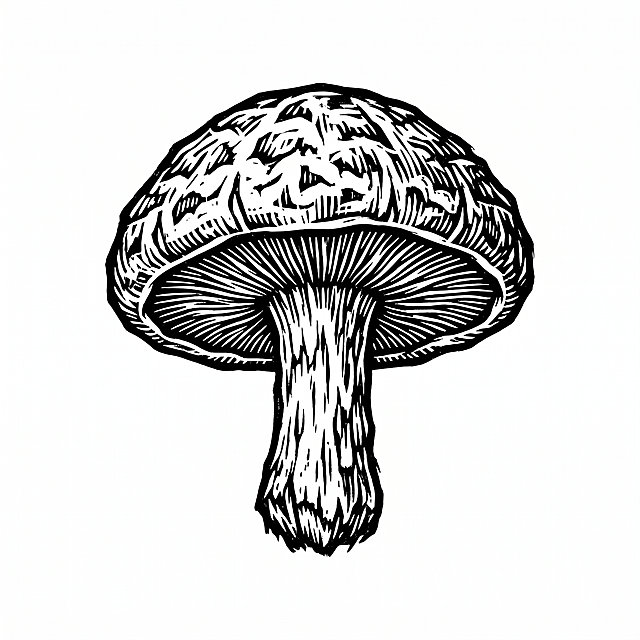 黑白木刻版画风格的单个香菇图形，纯黑白线条雕刻质感，画面主体居中，背景为纯白色，边缘清晰锐利，无多余元素，适合后续抠图使用，线条硬朗有版画肌理感