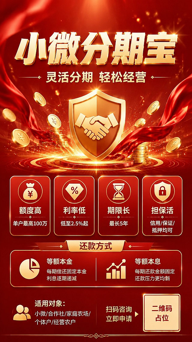 一张红色系金融贷款产品宣传海报，竖版9:16比例，专业大气的商业设计风格。画面上半部分为视觉主区域，下半部分展示信息，整体画面和谐统一。注意：不要使用日历图标、城市建筑剪影、上升箭头柱状图这些元素，要用完全不同的视觉元素。

【主标题】"小微分期宝"，大字号加粗，金色立体字体，位于画面上半部分居中偏上位置，醒目突出
【副标题】"灵活分期 轻松经营"，位于主标题下方

画面上半部分视觉元素：用金色盾牌、握手图案、金币堆叠、飘带、光粒子效果、同心圆波纹等元素替代原来的日历和城市建筑，红色渐变背景，从酒红到朱红渐变，层次感丰富，加入丝绸质感的红色飘带环绕画面

中间区域展示四个核心卖点，采用横向排列的圆角矩形卡片，用不同的图标：
- "额度高 单户最高100万" 配钱袋图标
- "利率低 低至2.5%起" 配百分比钻石图标
- "期限长 最长5年" 配沙漏时间图标
- "担保活 信用/保证/抵押均可" 配盾牌锁图标
卡片为红底金边设计，精致有质感

还款方式区域：采用左右分栏设计，左侧"等额本金"右侧"等额本息"，中间用竖线分隔，配简约图表图标

底部区域：左侧"适用对象：小微/合作社/家庭农场/个体户/经营农户"，右侧放置二维码占位符（纯色方块，中央标注"二维码占位"文字），上方有"扫码咨询 立即申请"引导文字，底部加一条金色装饰线

整体配色：深红色为主色调，搭配烫金和米白色点缀，高端金融质感，版式精美，层次分明，四周留有安全边距。画面中所有信息区域必须填充完整合理的内容，不得出现空白框或占位横线。画面中所有数字必须精确渲染，不得错位、遗漏或编造。