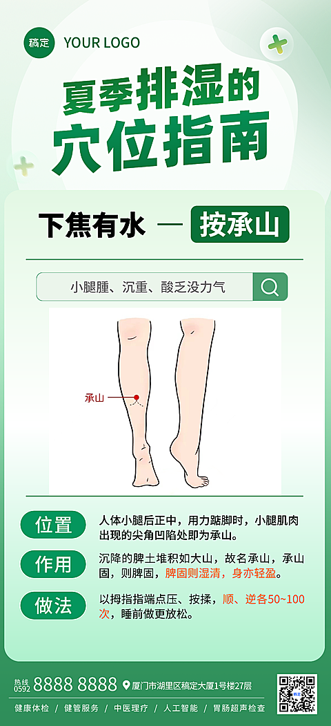 中医穴位夏季排湿穴位科普简约绿色系竖版海报