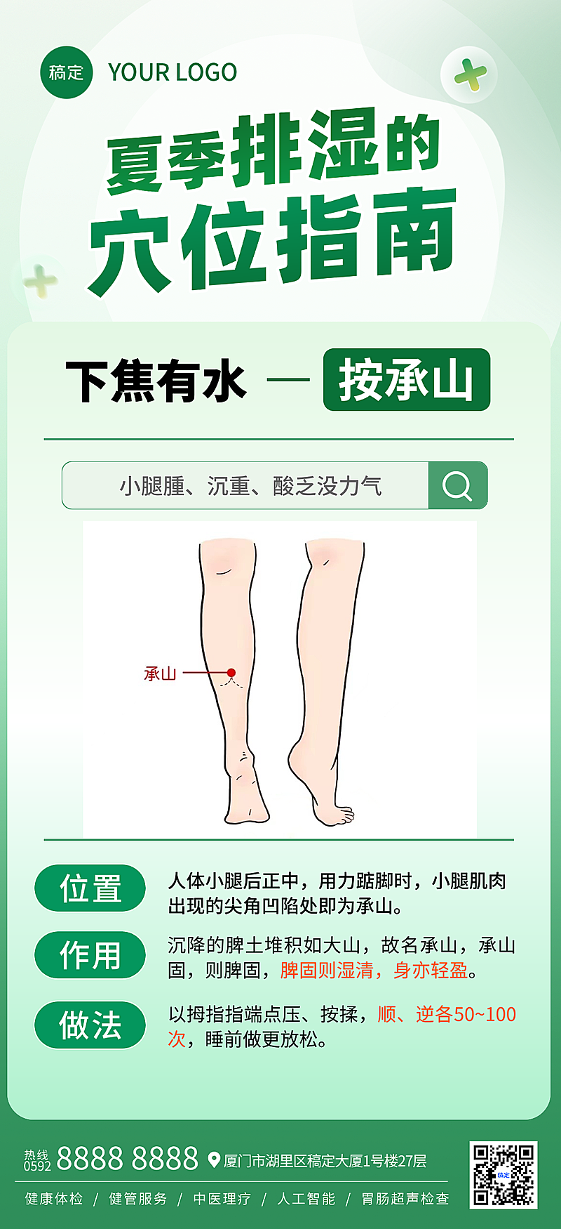 中医穴位夏季排湿穴位科普简约绿色系竖版海报