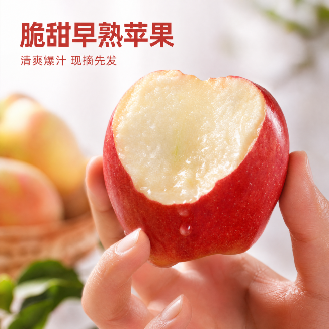 [主图-1] 首图：手持咬过一口的早熟苹果，汁水顺着果肉流出，突出爆汁脆甜食欲感
[氛围风格] 新鲜生活场景，真实原生食欲感
[画质] 商业生鲜摄影质感 光线柔和通透 产品清晰真实 画面干净高级
[元预览效果