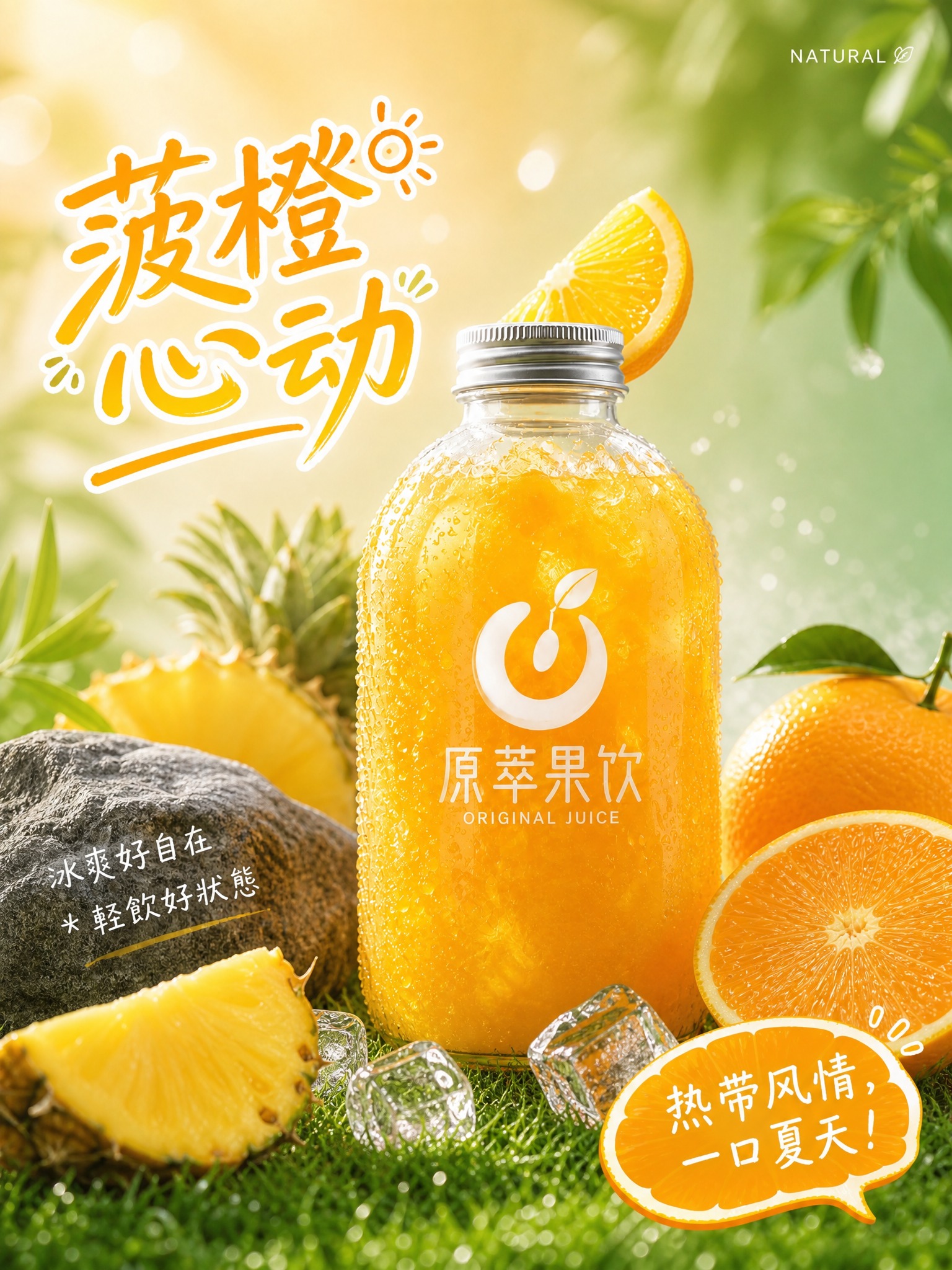 参考图的版式骨架和氛围风格，生成菠萝橙汁鲜榨果汁广告海报。画面… - 图片创意预览