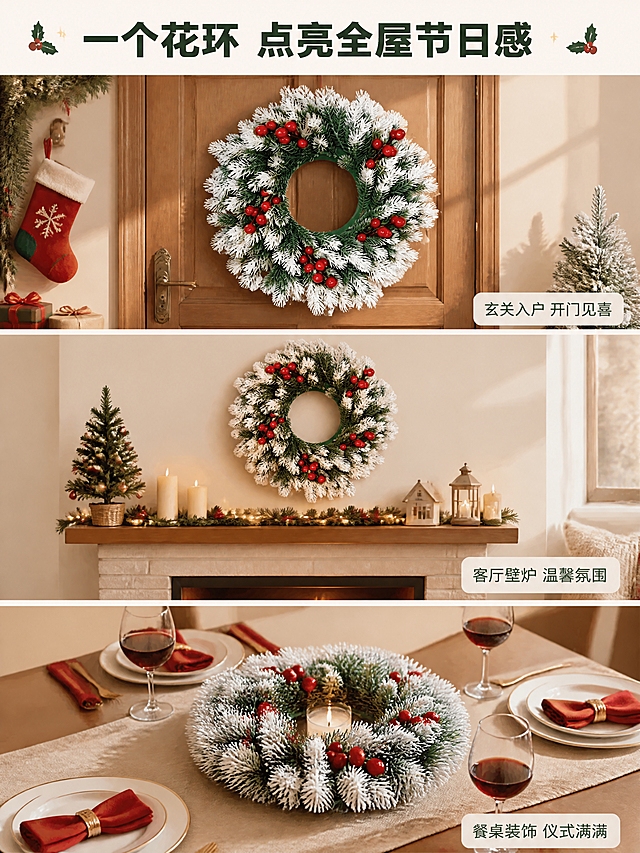 [商品] 使用用户上传的圣诞植绒红果花环产品图；保留绿色松针枝叶、白色植绒落雪效果、红色浆果点缀、绿色圆环底座的完整结构与颜色；每个场景中的花环外观保持一致。
[画面] 页面目标：多场景种草，展示产品百搭适配性。版式为三格竖排拼图，从上到下三个场景，每个场景占画面约1/3高度，场景间有细白边分隔。第一格：玄关木门挂花环，旁边有圣诞袜和小礼物盒；第二格：客厅壁炉上方墙面挂花环，壁炉上有蜡烛和小圣诞树；第三格：餐厅餐桌中央摆放花环做桌饰，周围有餐盘、红酒杯和餐巾。每个场景中的花环都是同款绿白植绒+红果40cm圆形花环，自然融入场景。
[视觉] 套系策略：风格=温馨居家节日商业摄影；标题字=粗黑体；正文字=简洁无衬线体；主色=墨绿+圣诞红+米白；背景延展=基于米白+浅木色做深浅层级、暖光渐变和细腻墙面/木纹质感；强调色=圣诞红，仅用于小面积图标、引线和标签；标题色=深墨绿；正文色=深暖灰；组件=圆角浅底信息卡、细线引线、小圣诞元素点缀；光影=右前侧暖柔光，午后窗边光线感。
[文字] 画面顶部通栏主标题"一个花环 点亮全屋节日感"。每个场景右下角有小字标签：第一格"玄关入户 开门见喜"，第二格"客厅壁炉 温馨氛围"，第三格"餐桌装饰 仪式满满"。标签为半透明白底+深灰字，圆角小卡片，不遮挡花环主体。
[规格] 图片比例3:4竖版，4K，避免变形、错字、文字过小、冷蓝背景、各场景花环样式不一致、结构失真、水印、平台Logo。