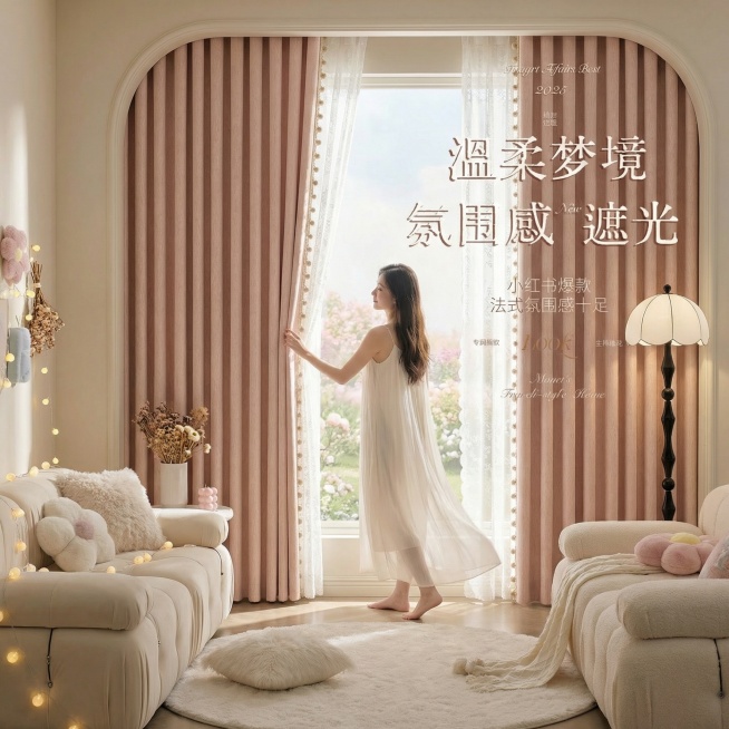 不改变窗帘的面料材质，切换不同的家装场景（最好是梦幻少女奶油风），改变角度，改变人物与场景互动，保留文字，一次生成4张预览效果