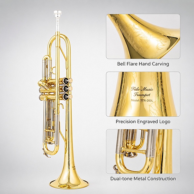 [主图-2] Structure detail highlight main image for Bb trumpet. Keep overall product appearance consistent with input image. [氛围风格] Professional, clear, focused on product advantages. [画质] Commercial photography, clear details, high definition, soft light. [elements] The main picture area (about 70% of the space) displays the whole trumpet, 3 local detail magnifying glass boxes are set on the right side, which magnify and display  the bell mouth carving, engraved logo and two-tone tube structure respectively. Each magnifying glass box has a short text description below. Low-saturation light gray gradient background, keep the picture clean. Keep all product appearance details consistent with the original image. [光影] Soft main light, local detail auxiliary light, highlight the carving process and metal texture. [配色] Light gray background, golden product, dark text, clear contrast. [视角构图] Main body on the left, detail boxes on the right, clear layers, product is not cut. [text layout] All English, each detail box with text: top box "Bell Flare Hand Carving", middle box "Precision Engraved Logo", bottom box "Dual-tone Metal Construction", font simple, clear, do not block the product. [proportion resolution] 1:1 ratio, 1K resolution, text clear, super high-definition. [negative prompt] Deformation, distortion, text confusion, background clutter, watermark, Chinese characters.