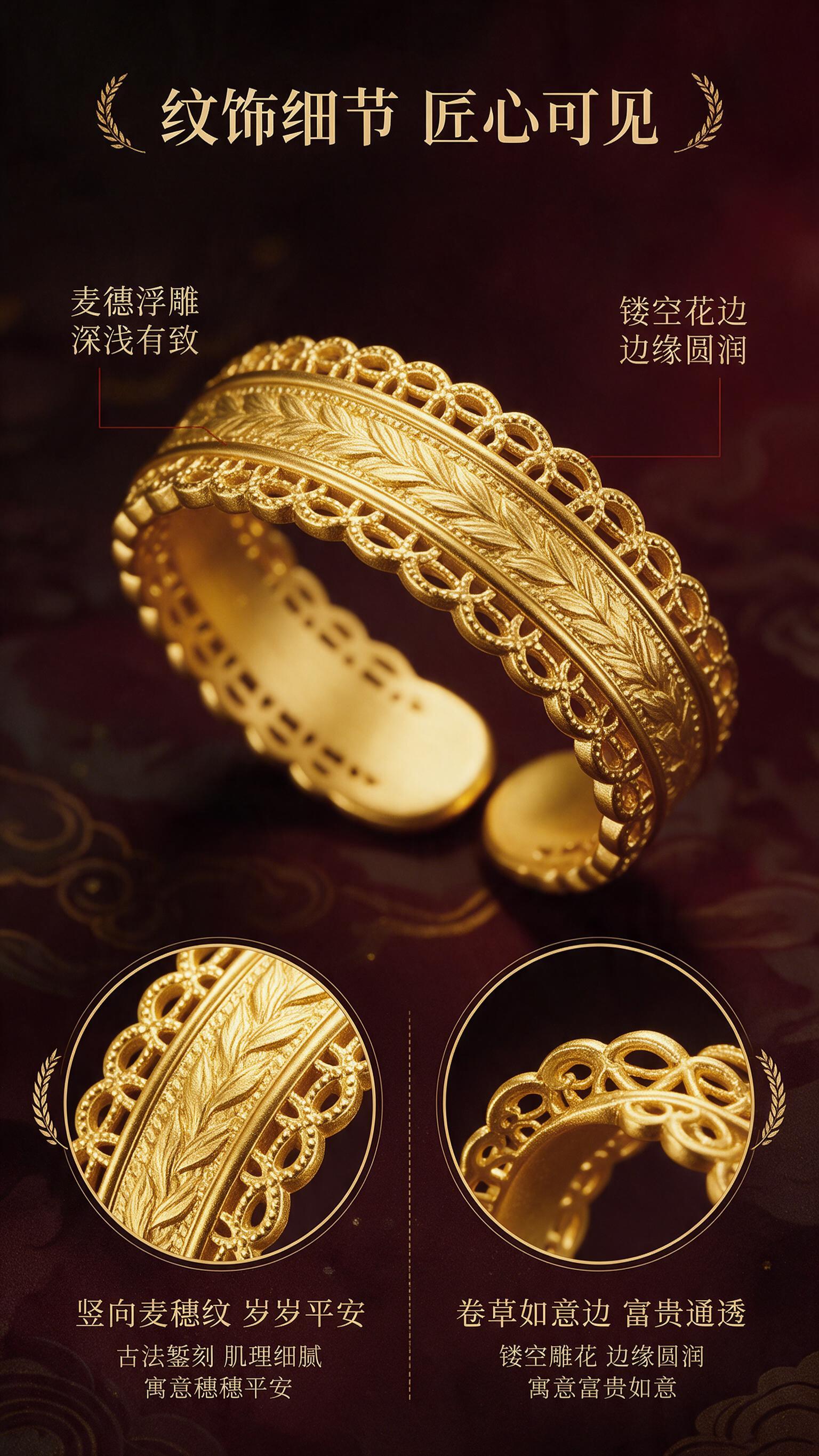 [商品] 使用【图2】古法麦穗金戒局部；保留中央麦穗浮雕、上下… - 图片创意预览