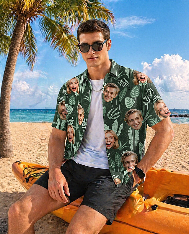 模特坐在复古橙黄色皮划艇上，一手搭在大腿上，另一手叉在腰间，眼神自信专注的看着镜头。周遭环境包括：细腻的米色沙滩、碧绿的海水、蓝天白云、左侧高耸的棕榈树，以及前景中的橙黄色皮划艇。画面呈现明亮的夏日色调，采用自然的侧光照明，阴影柔和，保留模特衬衫全部定制图案，肌肤质感逼真，细节清晰，构图为中景，视角与视线齐平，8K高分辨率