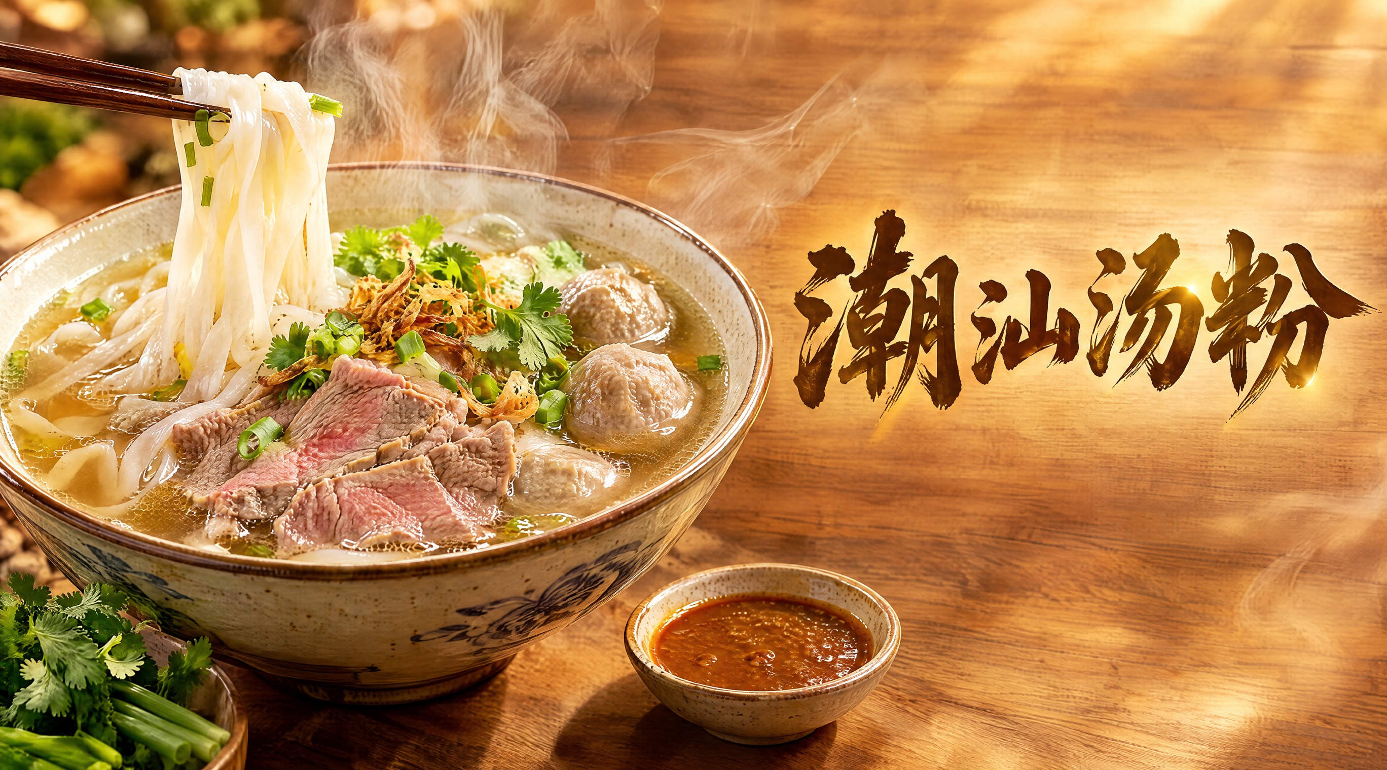 潮汕汤粉店铺店招横幅，左侧是一碗诱人的潮汕牛肉汤粉特写，汤头金… - 图片创意预览