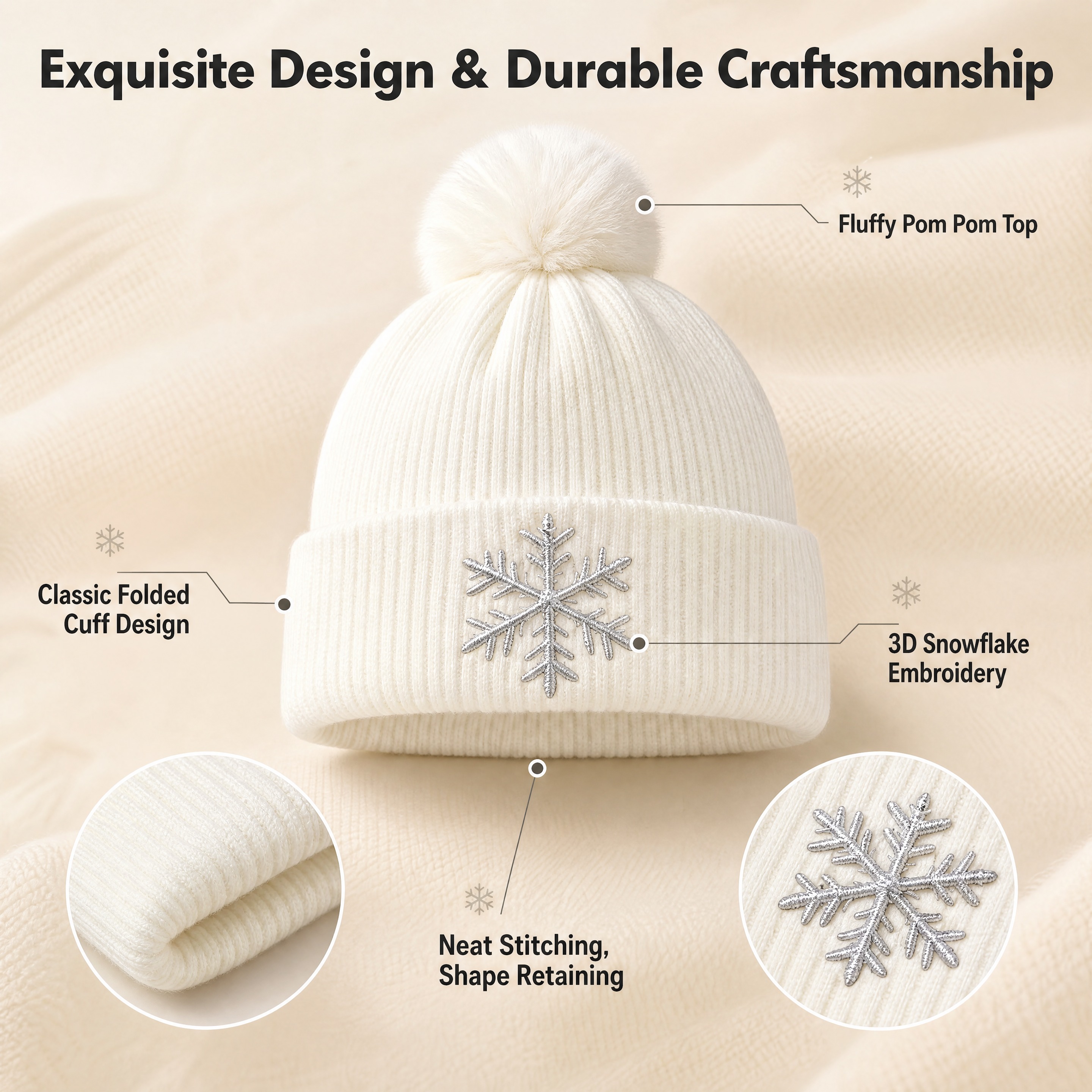 [商品] 使用【图1】奶白色雪花刺绣翻边针织冷帽；商品处理：保… - 图片创意预览