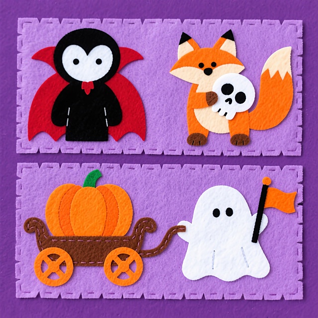 可爱卡通风格的万圣节拼贴画，拟人化角色与面料质感结合，扁平设计呈现趣味感，紫色背景衬托节日氛围。