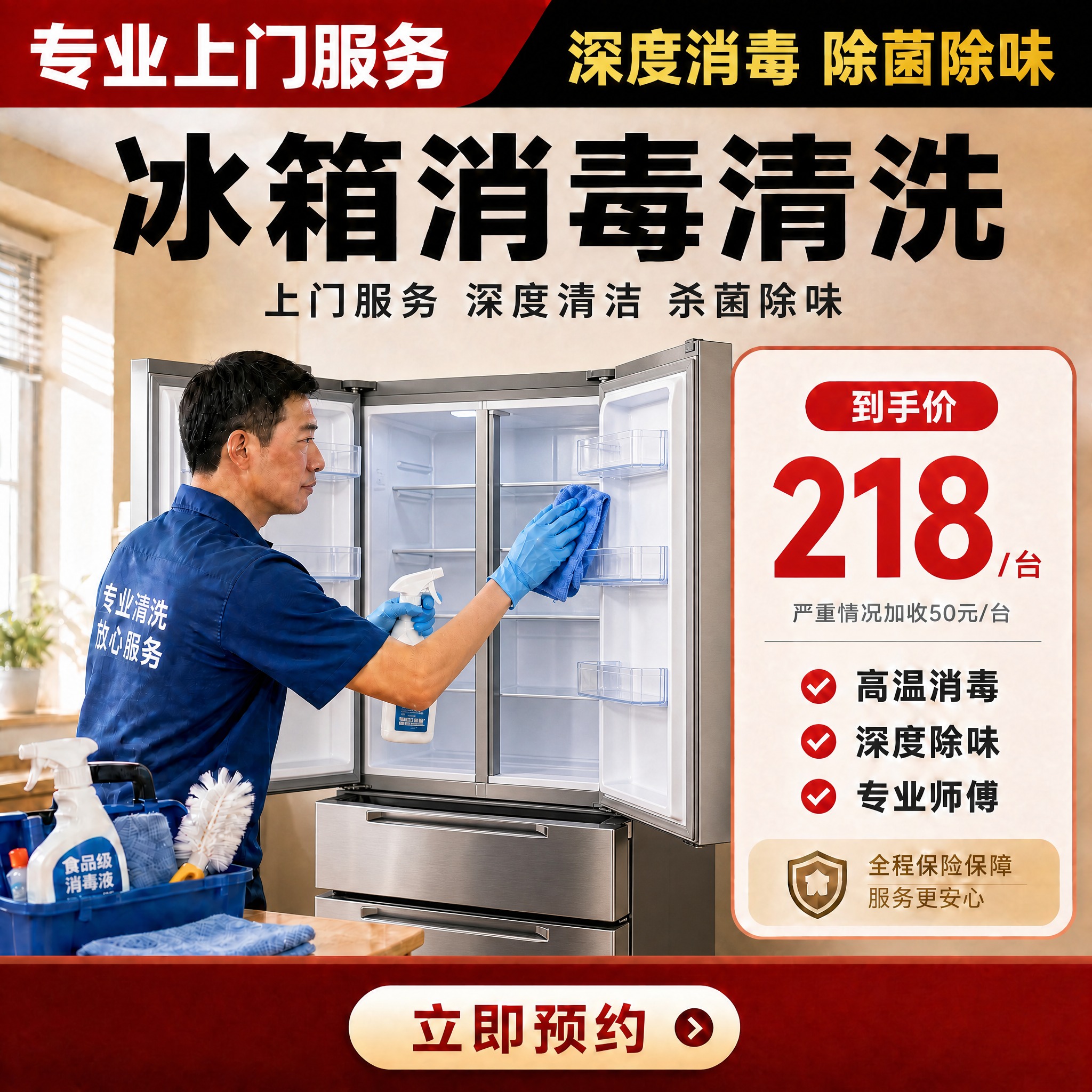 基于这张冰箱消毒清洗服务主图，做以下修改：1. 将画面中的对开… - 图片创意预览