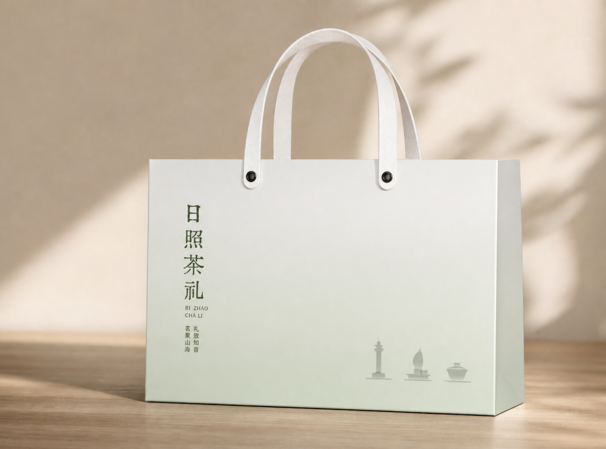 根据第一张平面设计图生成具有第二张图质感的礼袋，只保留礼袋，保留清晰字体"日照茶礼 "和"RI  ZHAO CHA LI"，袋面设计简洁，字体是深绿色uv哑光字体，提手为两个白色皮质提手，与袋身连接处预览效果