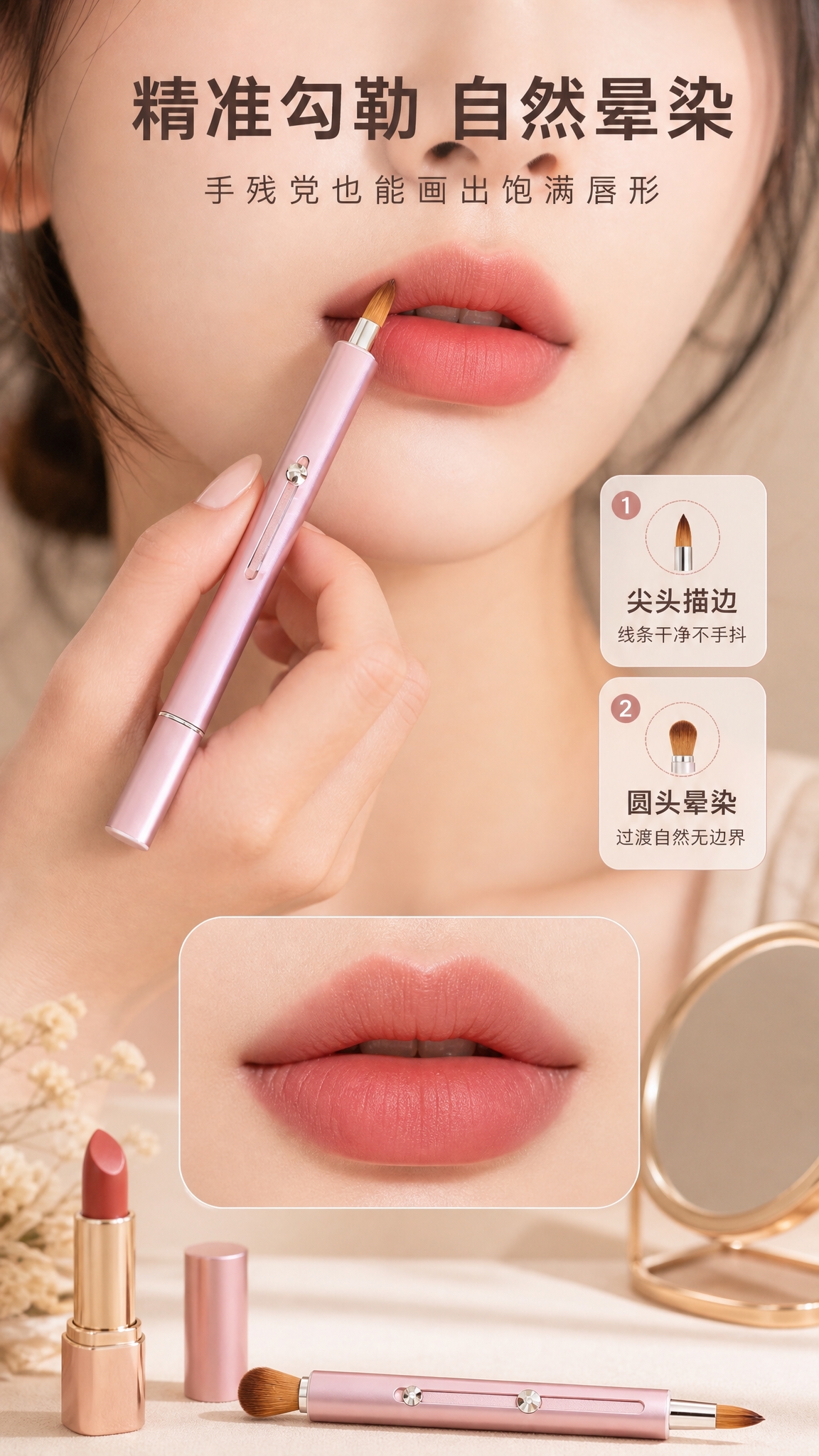 [商品] 使用【图4】淡粉色款双头伸缩唇刷；保留双头结构、金属… - 图片创意预览