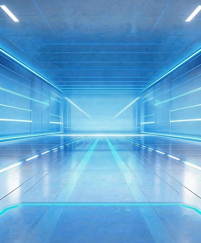 仅去除图片左上角的“田河 TIANRIVER”文字，保留其余所有内容不变，保持原图蓝色科技感隧道空间的风格、光影完全一致