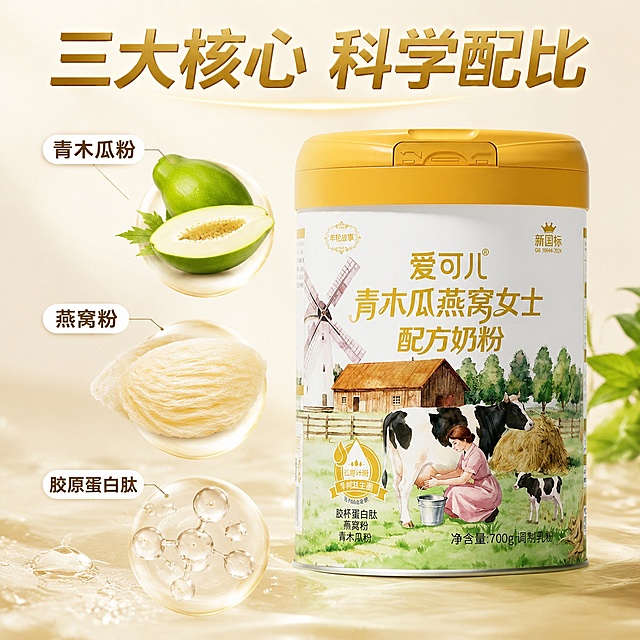 [主图-2] 核心亮点溯源-爱可儿青木瓜燕窝女士配方奶粉核心成分展示。保持产品罐身外观、结构、颜色与输入产品图完全一致，精细化处理无变形。氛围风格：自然纯净，突出优质原料。元素：产品罐身放置在画面右侧，占比约60%，左侧放大展示三大核心原料：青木瓜切片、燕窝碎、胶原蛋白肽分子示意图，分别用细引线标注名称，背景采用浅奶白色渐变，整体干净通透，主体突出不杂乱。光影：柔光均匀打亮，原料纹理清晰，罐身明暗层次自然，无生硬阴影。配色：主色奶白，辅色木瓜浅绿、燕窝米白，文字金色突出。视角构图：左图右文产品，横版均衡构图，景深较浅突出主体。文字版式：顶部大标题「三大核心 科学配比」，金色粗体，左侧原料上方分别标注「青木瓜粉」「燕窝粉」「胶原蛋白肽」，白色小标签深色字，清晰易读，不遮挡产品和原料。输出要求：1:1 比例，文字清晰锐利，超高清商业摄影质感。负向提示词：变形，文字错乱，产品图模糊，背景杂乱，水印，电商平台Logo